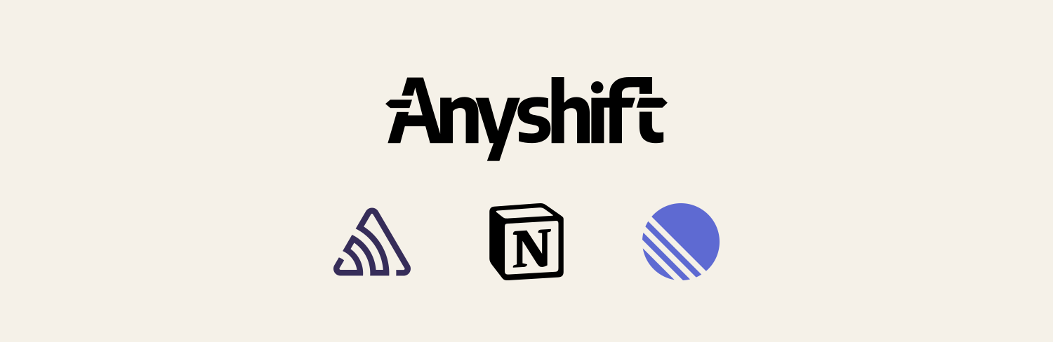 Anyshift wordmark above the Sentry, Notion, and Linear brand marks on beige