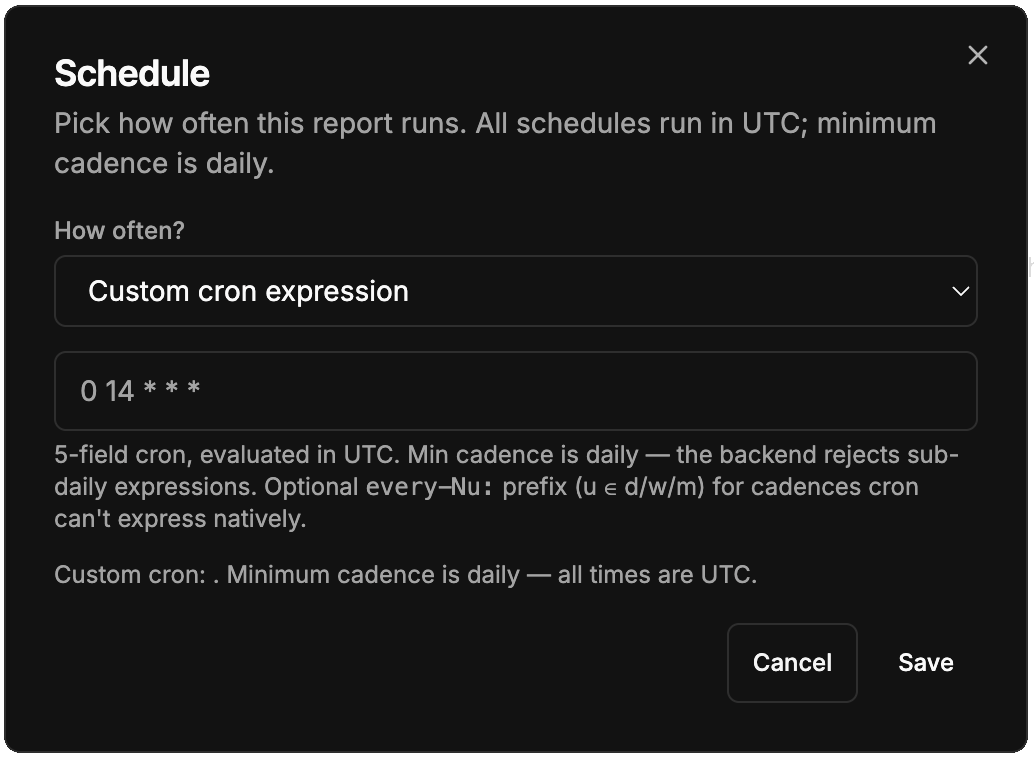 The Anyshift Schedule modal: pick how often a report runs, with helper text spelling out UTC and a daily minimum cadence