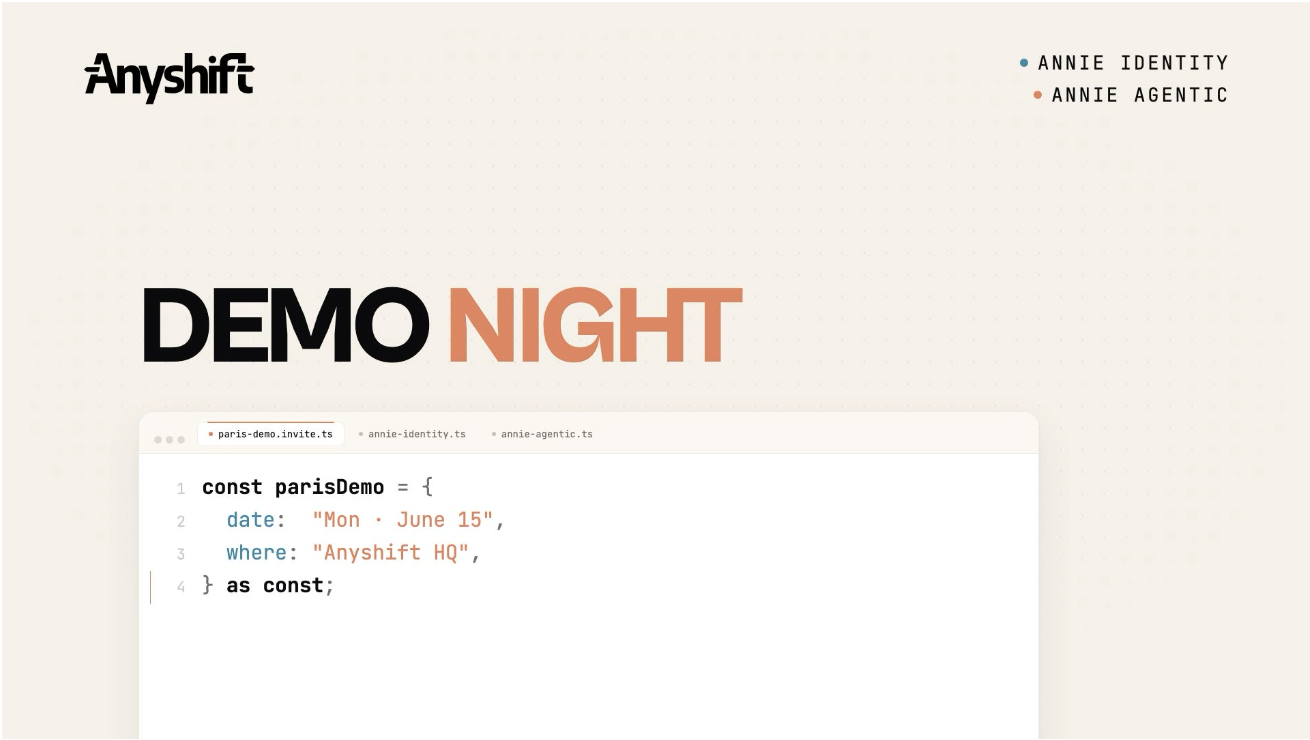 Anyshift Demo Night in Paris on June 15: live demos of Annie Identity and Annie Agentic, with welcome drinks from 7pm
